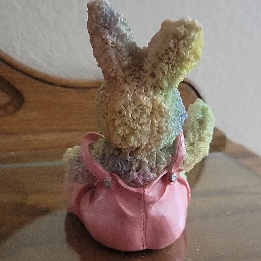 Hand Painted Bunny Figurine Pink Overalls Basket Pastel Eggs Approx 5.5" - Picture 6 of 11